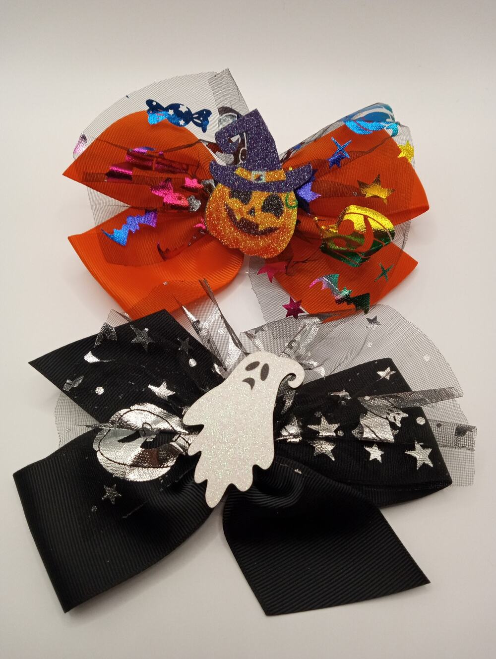 2 Halloween Bows - One Black with Ghost & One Orange with Jack O Lantern 1100